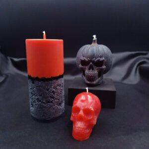 Pack bougies artisanales Halloween – duo Alchimie orange/noir et crâne citrouille Jacquot Lanterne avec mini Skully offert
